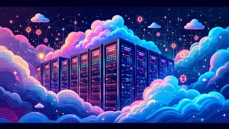 Modern data center servers with abstract clouds and ai digital nodes