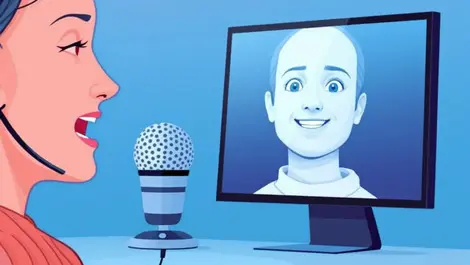 Realistic illustration person speaking into microphone ai voice waveform display