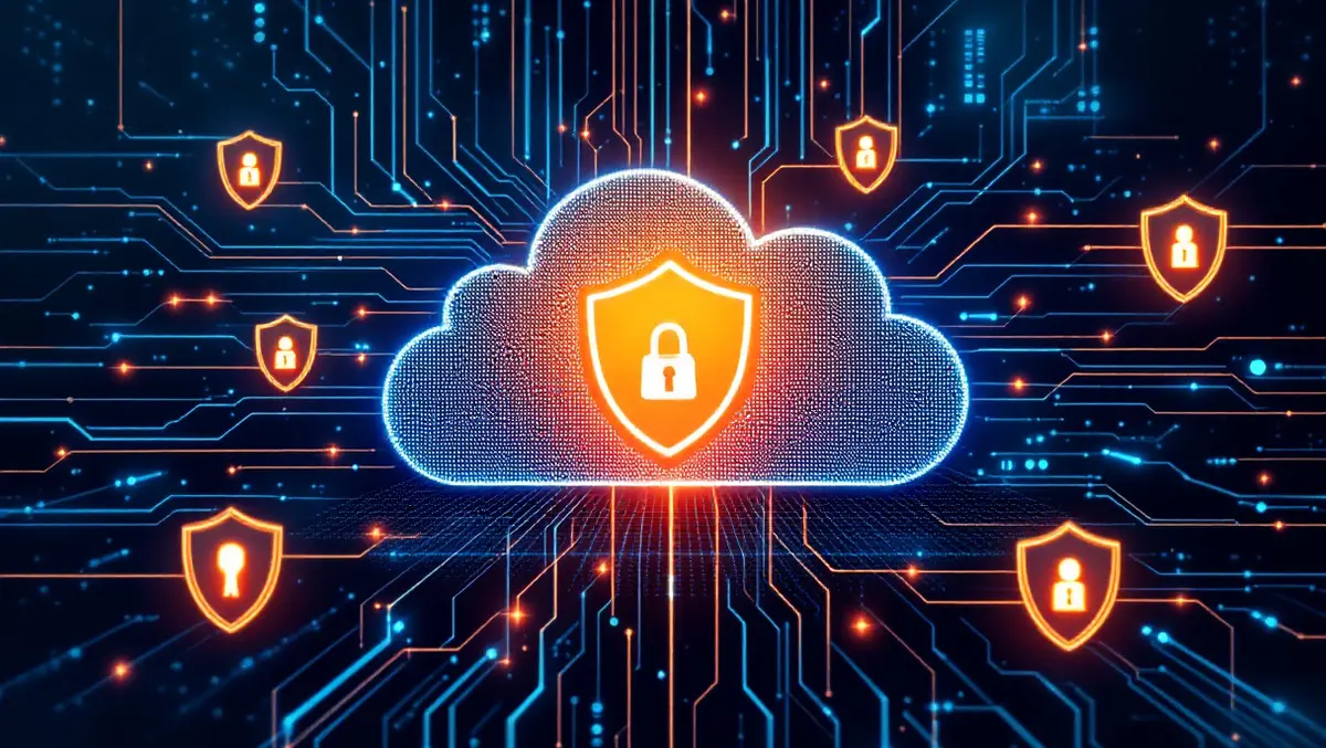 Secure cloud surrounded by digital shields abstract network lines cybersecurity