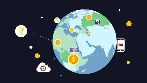 Digital cross border payments globe with coins smartphone icons se asia middle east