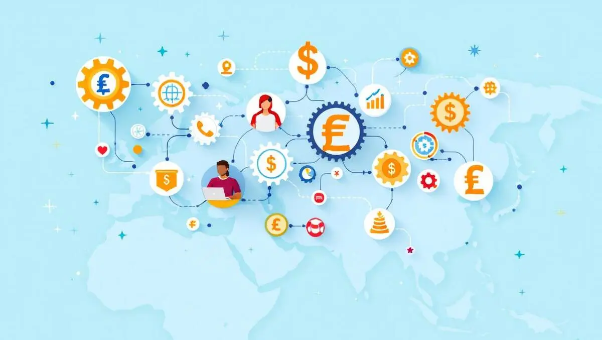 Interconnected gears financial symbols network over map europe asia africa
