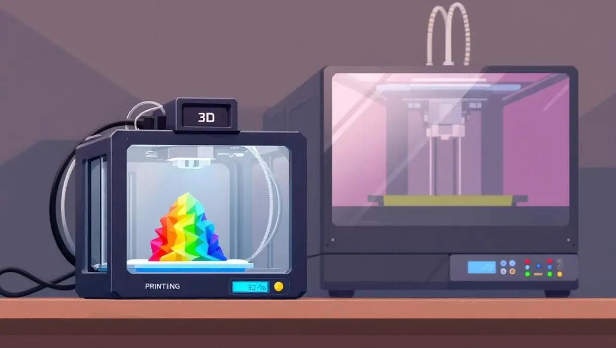 Detailed illustration small desktop 3d printer printing colorful object vs large industrial