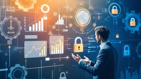 Business professional examining data charts security locks gears automation