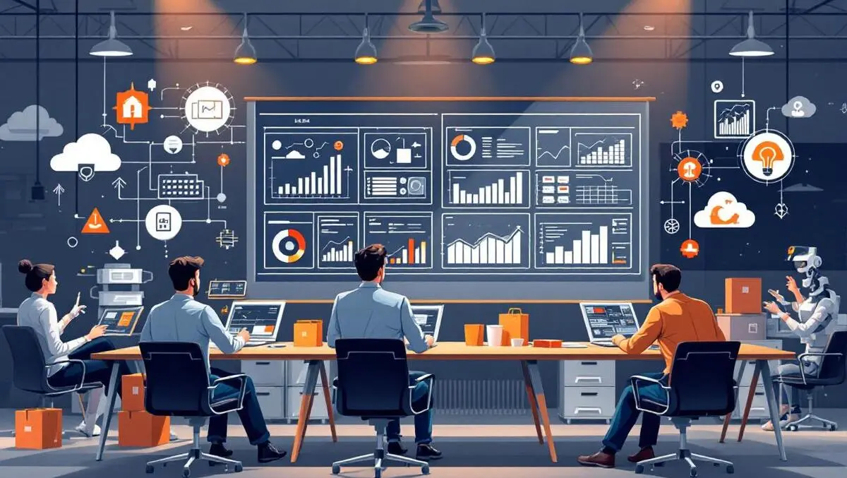 Modern office professionals analyzing supply chain digital dashboards automation logistics cloud tech