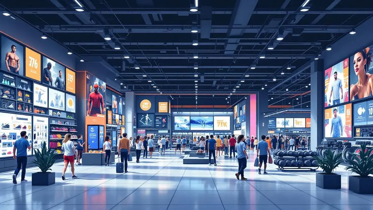 Realistic modern large sports retail store interior bustling shoppers