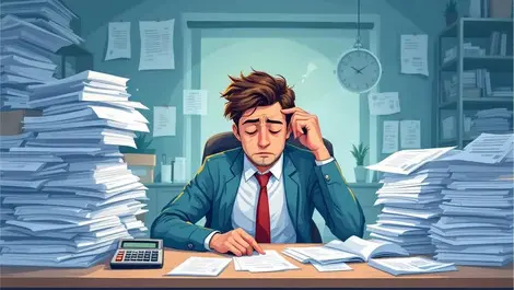 Tired canadian small business owner surrounded by paperwork and calculator