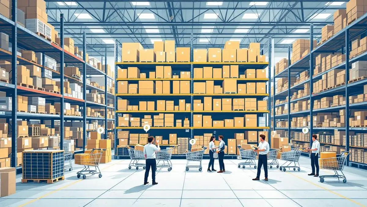 Cluttered warehouse full shelves empty shopping carts confused shoppers uk retail inventory