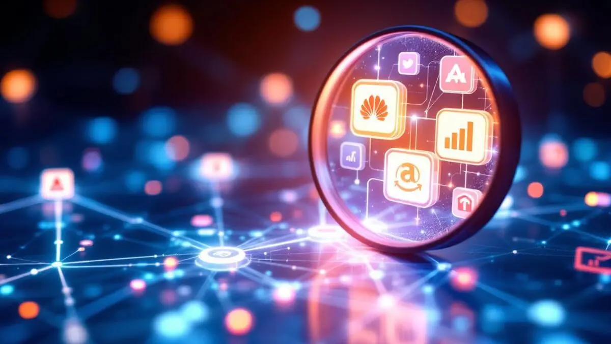 Magnifying glass glowing digital network interconnected brand logos ai search visibility