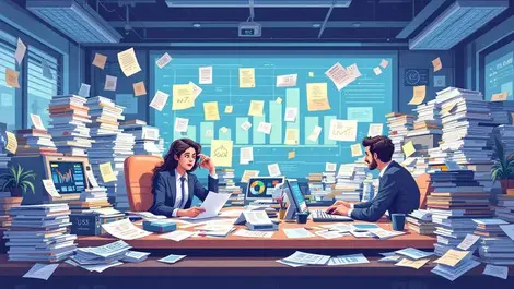 Finance office messy paper records digital data streams confused professionals