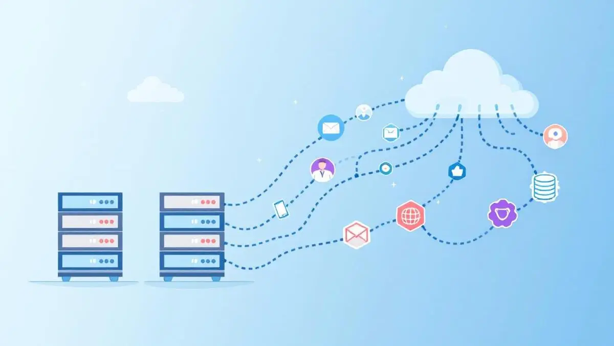 Enterprise data migration to cloud servers to cloud icons modern illustration
