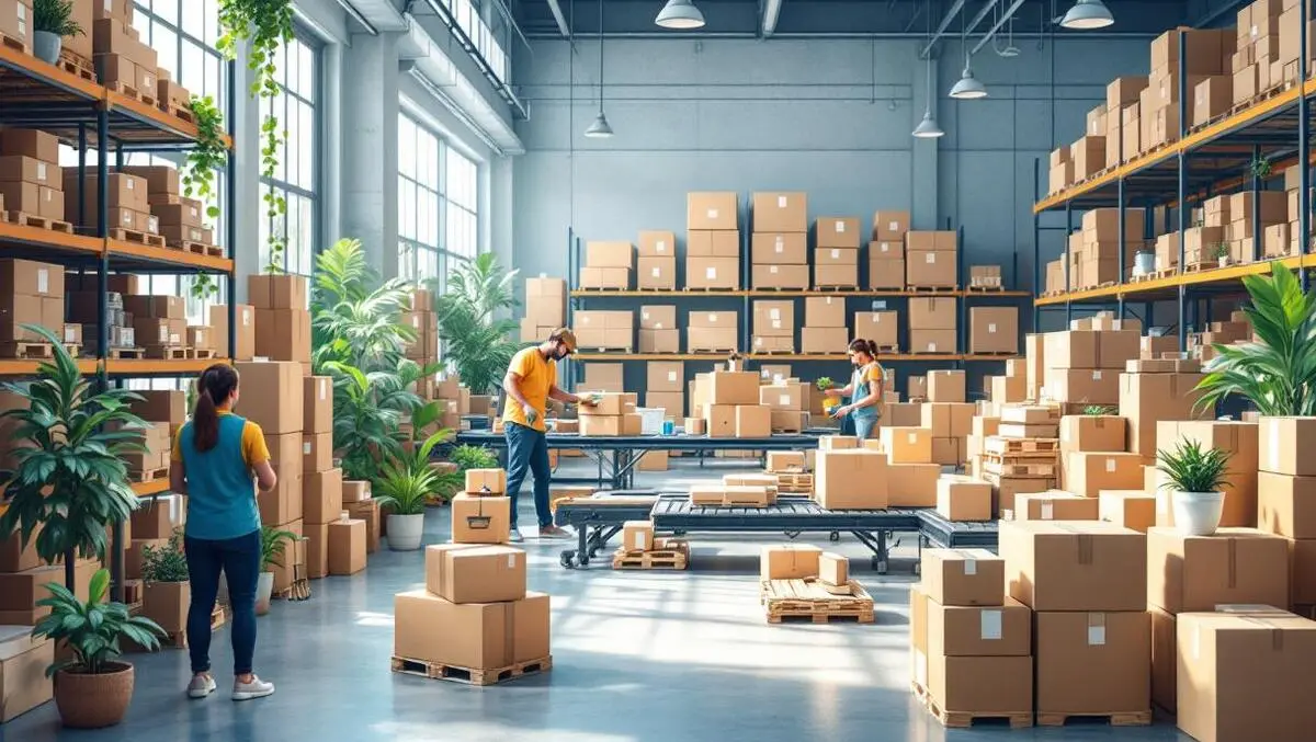 Busy warehouse interior stacked boxes conveyor belts workers organizing shipments ecommerce