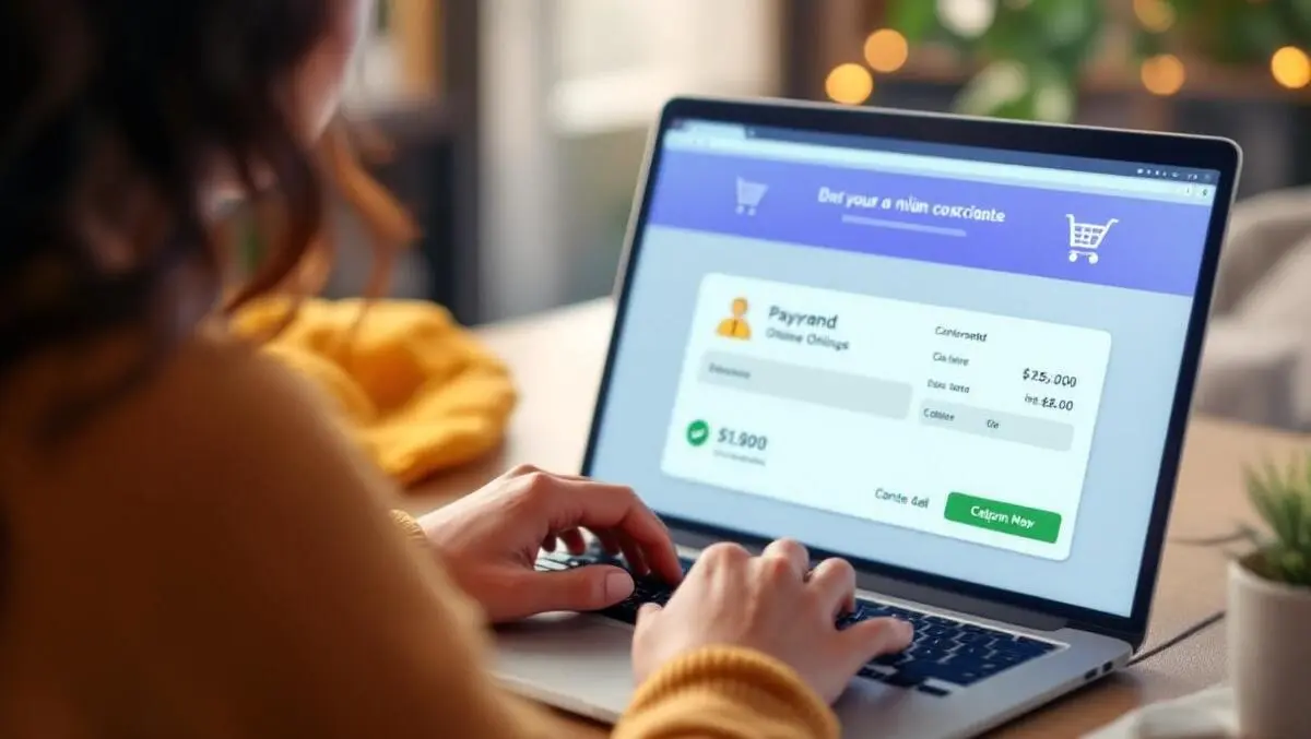 Realistic illustration person completing online purchase laptop payment confirmation shopping cart cozy home