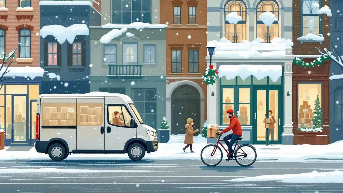 Holiday season package delivery electric van bicycle courier snow city