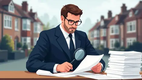 Uk solicitor inspecting property documents magnifying glass stacks british homes background strict transaction scrutiny