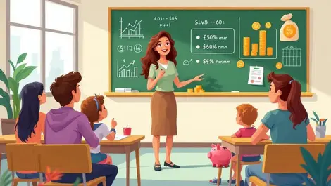 Classroom teacher explaining financial literacy to attentive teenagers with coins piggy banks graphs