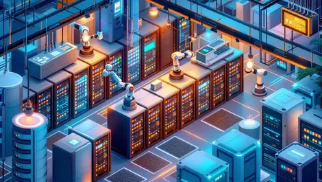 Modern data center server racks advanced cooling robotic arms automation enterprise ai