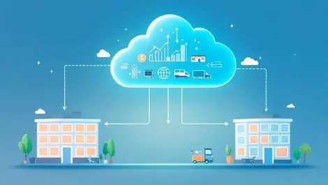 Cloud connecting two business offices with digital financial graphs and rental icons