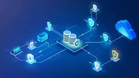 Secure network data centers cloud icons interconnected digital shields