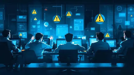 Stressed business professionals dark office warning computer screens cyberattack