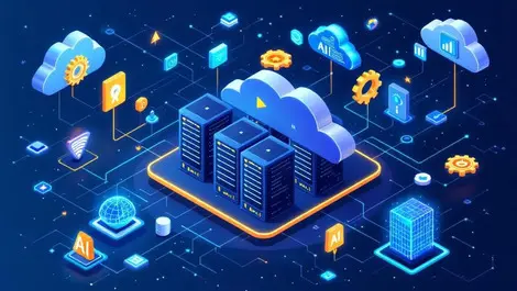 Cloud server racks ai brain digital nodes gears code real time observability