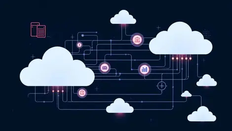 Interconnected data centers cloud icons digital data streams hybrid cloud management