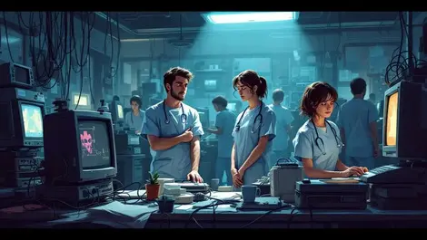 Tired healthcare workers busy hospital old bulky computers tangled wires