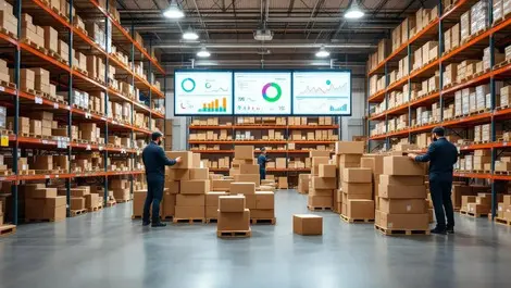 Uk warehouse workers packing boxes parcels shelves advanced analytics