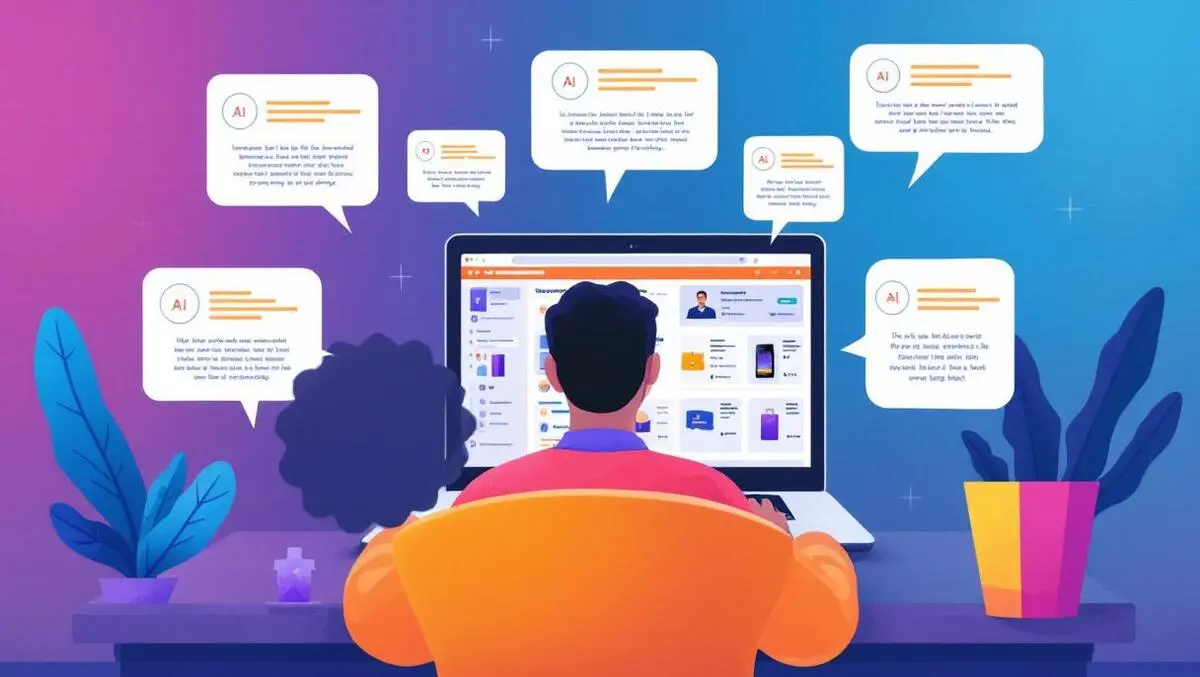 Shopper using laptop with ai generated summary bubbles for online shopping trust