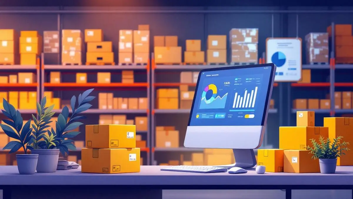 Uk retailer desk computer charts analytics shipping boxes inventory shelves