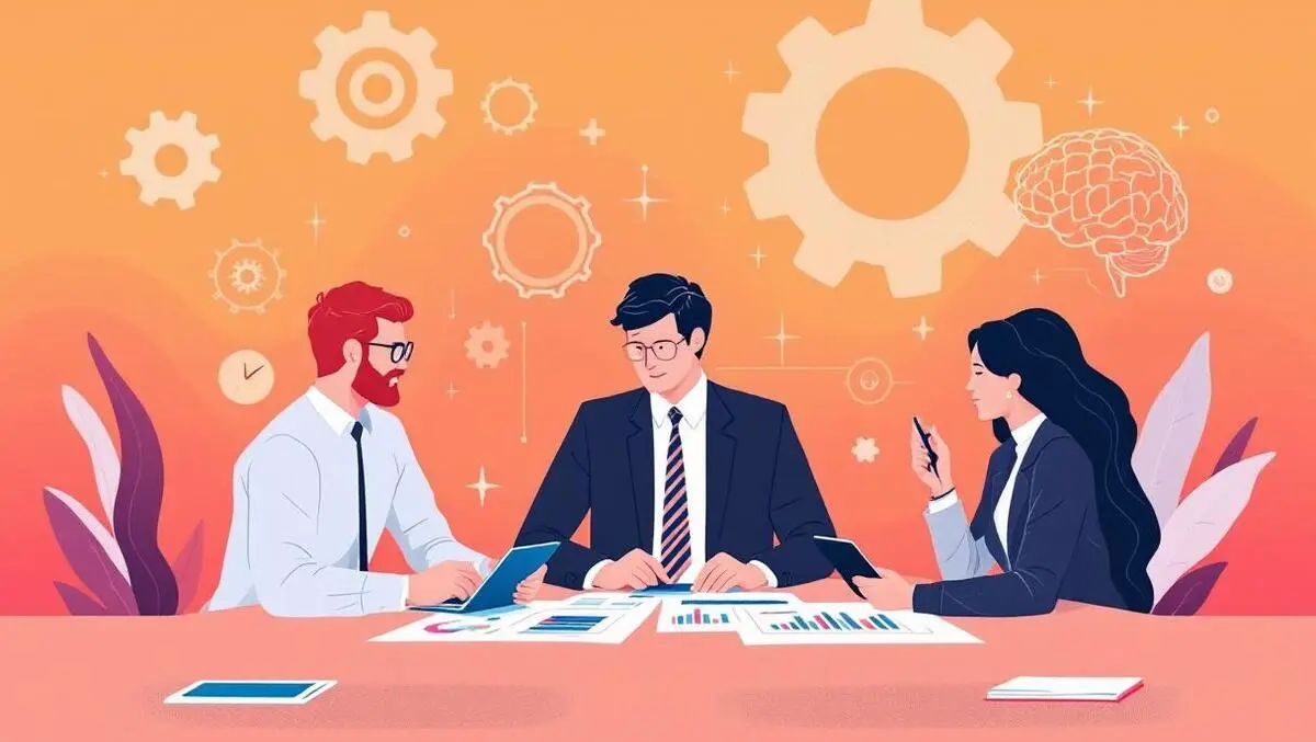 Business professionals collaborating digital devices ai technology transformation