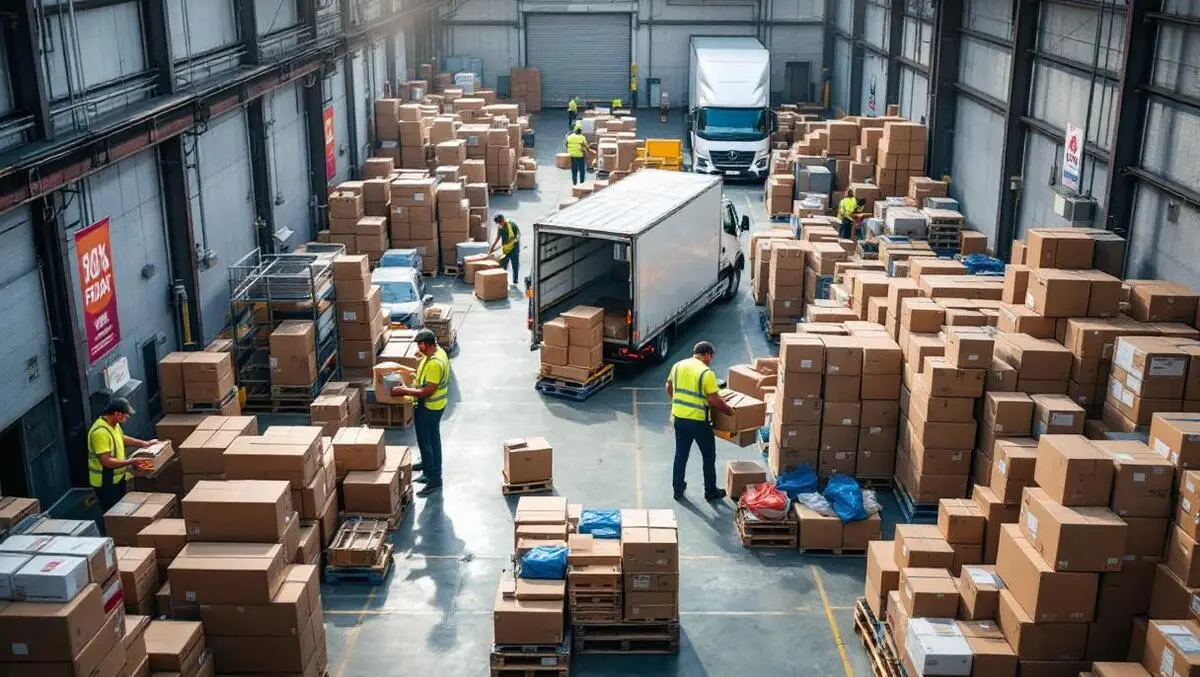 Busy uk warehouse black friday logistics packed rows boxes delivery trucks