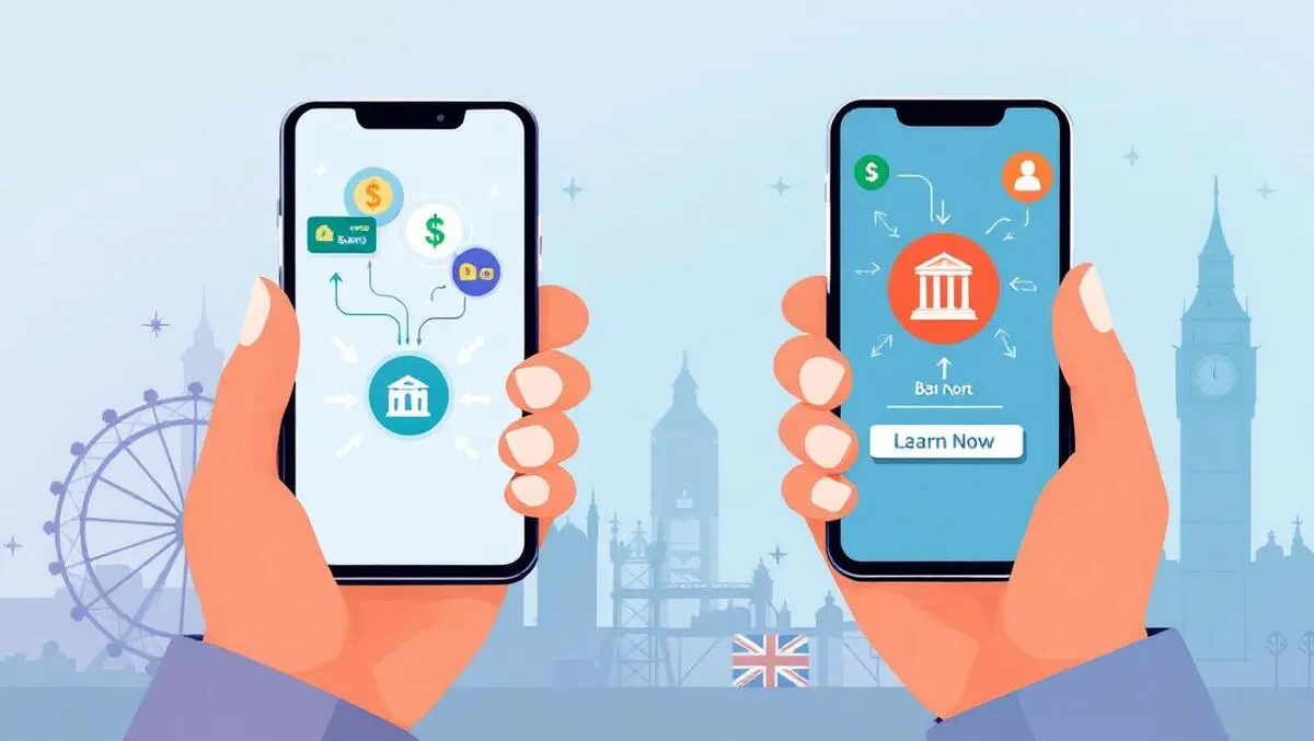 Digital bill payments hands holding smartphones with banking icons uk london