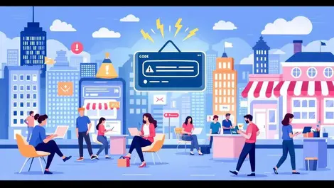 Busy online shopping uk buildings shoppers laptops mobile code error warning