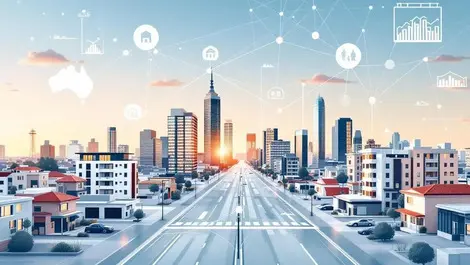 Modern digital dashboard australian city skylines suburban houses apartments seamless real estate collaboration