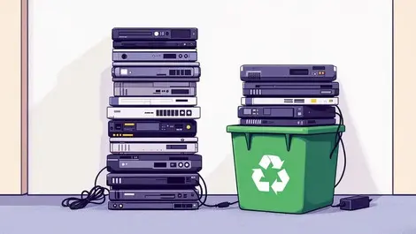 Stack old laptops next to green recycling bin cables chargers office illustration