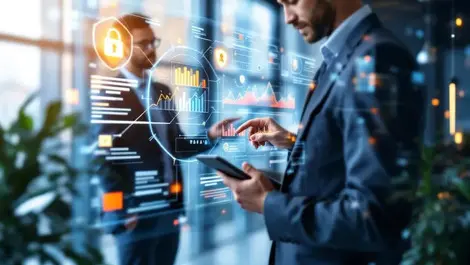 Two business professionals analyzing digital dashboard enterprise security