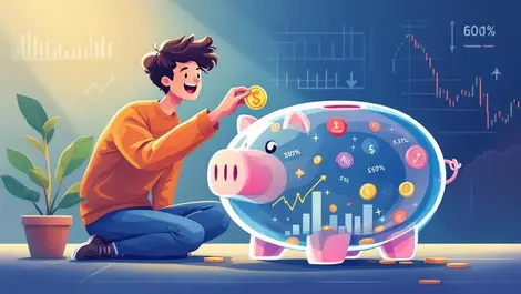 Young uk adult investment savvy happily placing coin in piggy bank