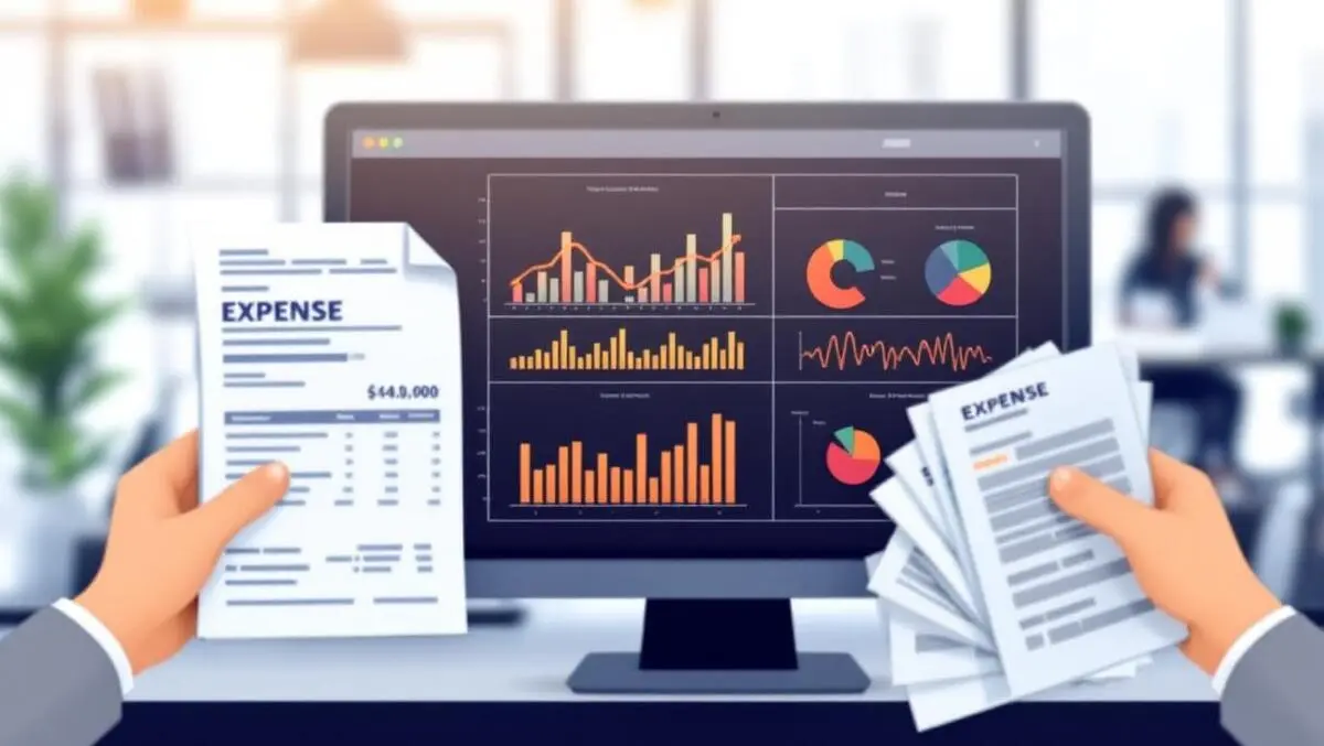 Close up hands holding receipts expense documents computer data analysis