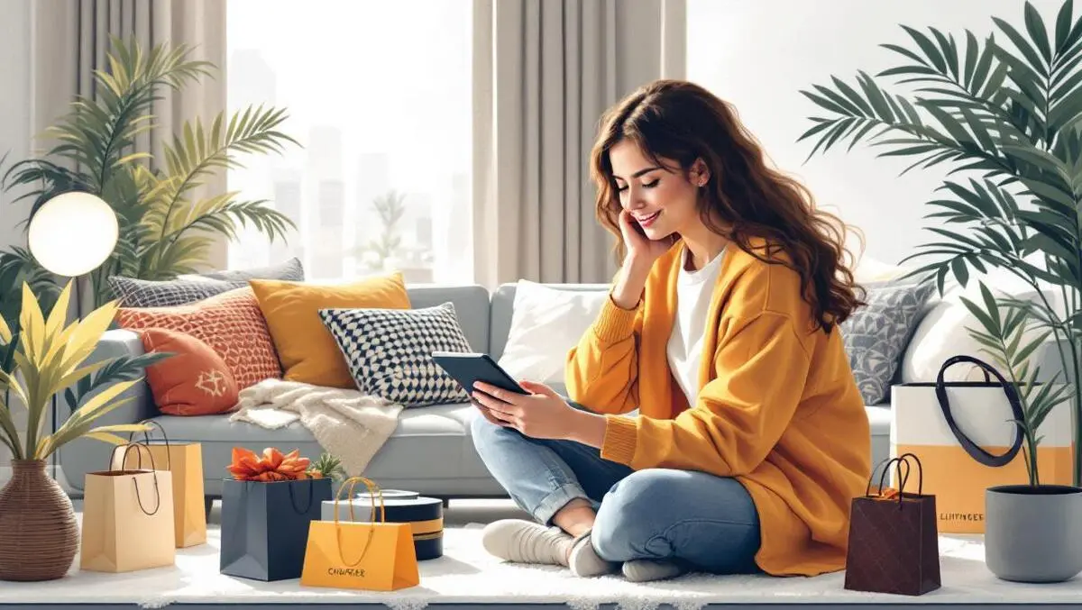 Uk shopper using digital ai assistant on tablet browsing luxury products modern living room