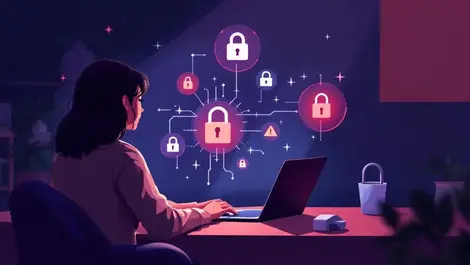 Realistic illustration person using laptop dim room cyber threats online shopping holiday season