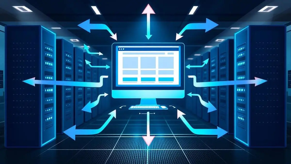 Realistic illustration server racks flowing arrows load balancing in modern office
