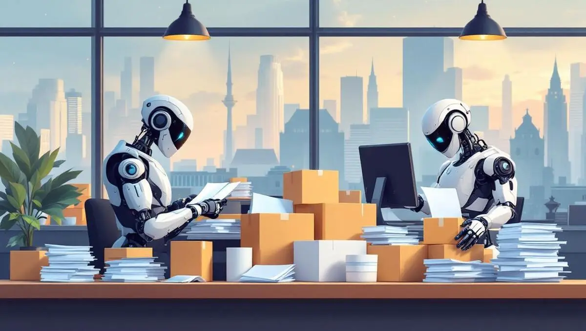 Modern office ai robots automating procurement paperwork european cityscape