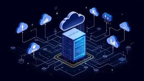 Secure data center servers cloud icons energy efficient infrastructure