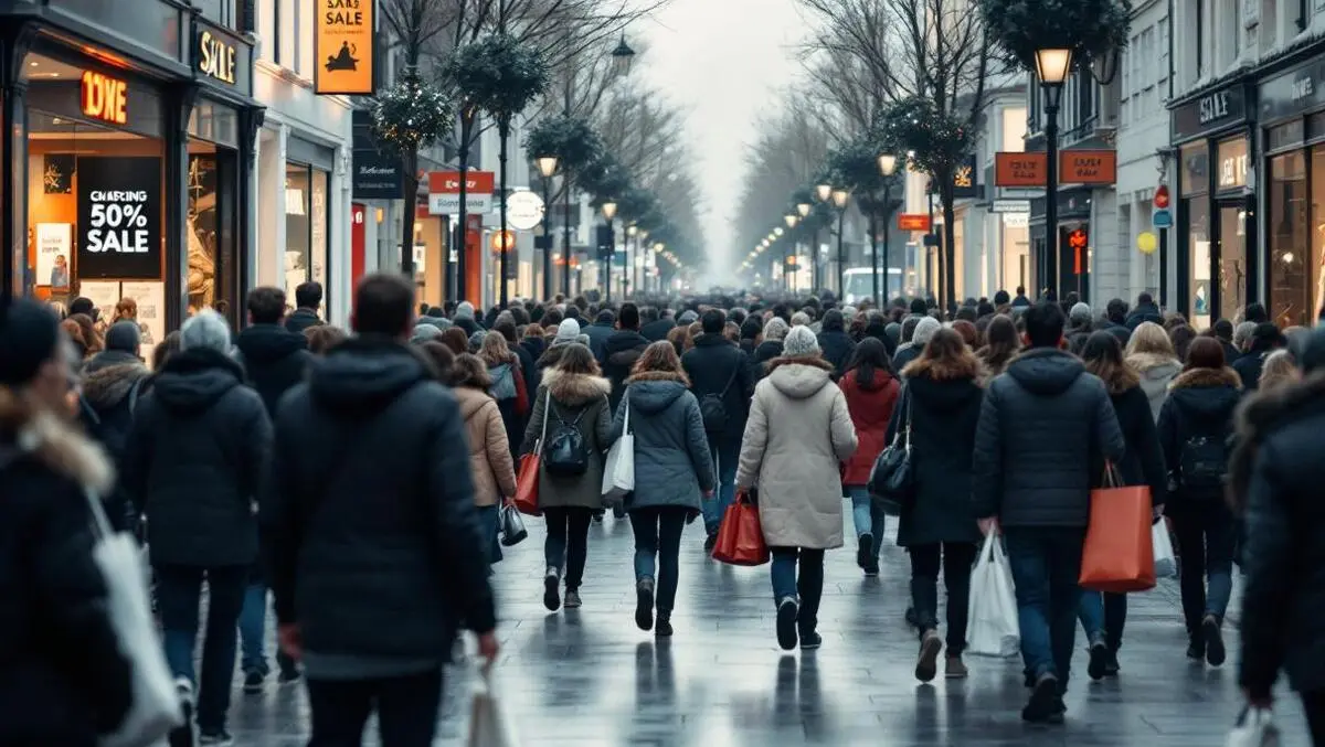 Realistic photo busy uk shopping street crowds fewer people sale displays