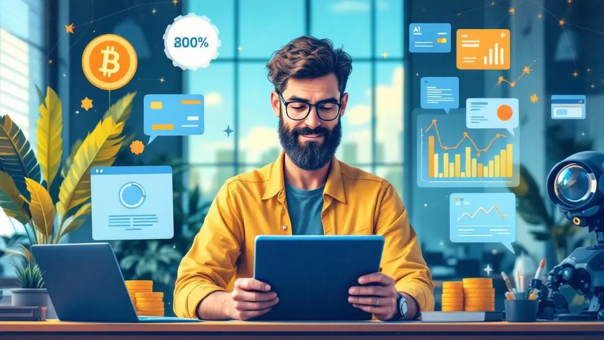 Confident business owner reviewing financial graphs digital tablet modern office