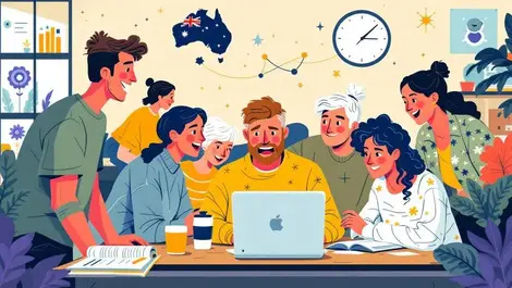 Australian community learning together around computer technology symbols