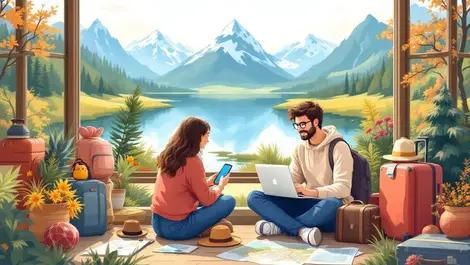 Young canadian travelers planning trip with laptop smartphone scenic landscape