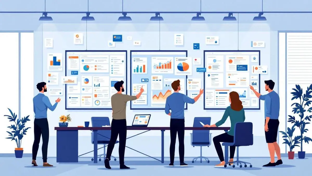 Business professionals analyzing digital data streams organized files modern office