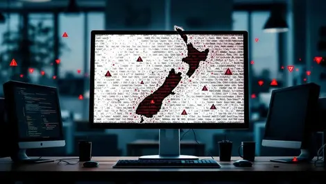 New zealand cyber attack map monitor pixelated malware warning