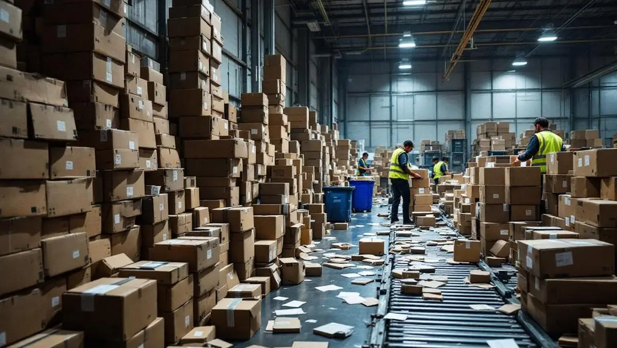Black friday warehouse returns area cluttered boxes workers belt